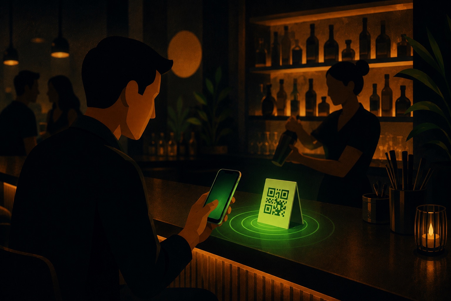 Gast scannt am Tresen einen QR-Code-Aufsteller, im Hintergrund der Barkeeper – Juqed Gold im Dauerbetrieb.