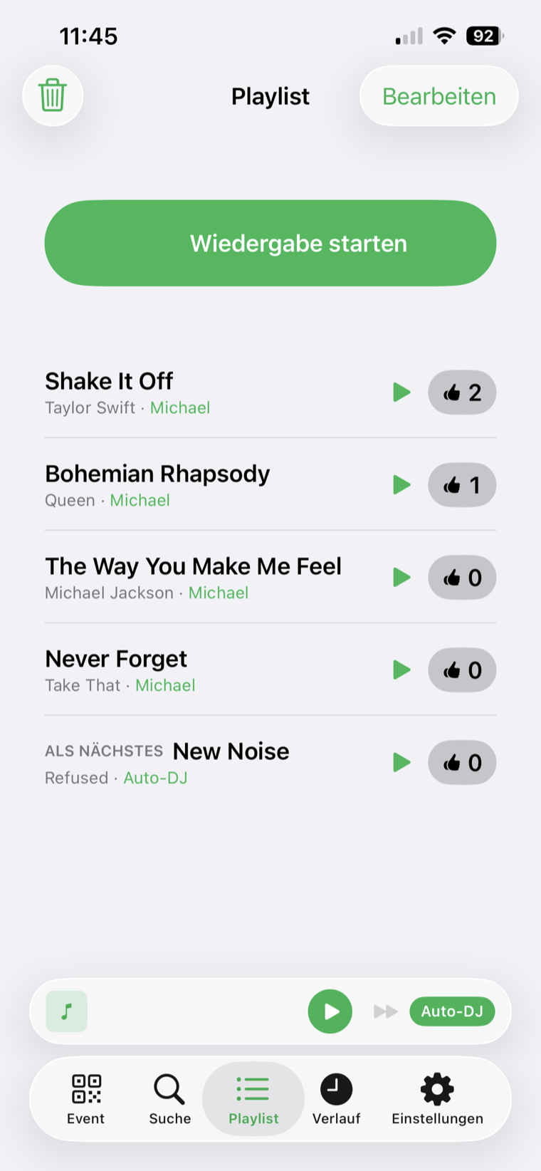Juqed Go Playlist: vorgeschlagene Songs mit Voting-Zahlen, „Als Nächstes: New Noise“ und Auto-DJ