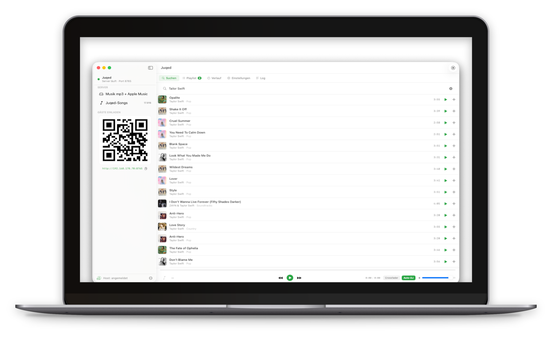 Juqed für Mac, geöffnet auf einem MacBook – lokale Musiksammlung mit Songsuche und Voting-Queue